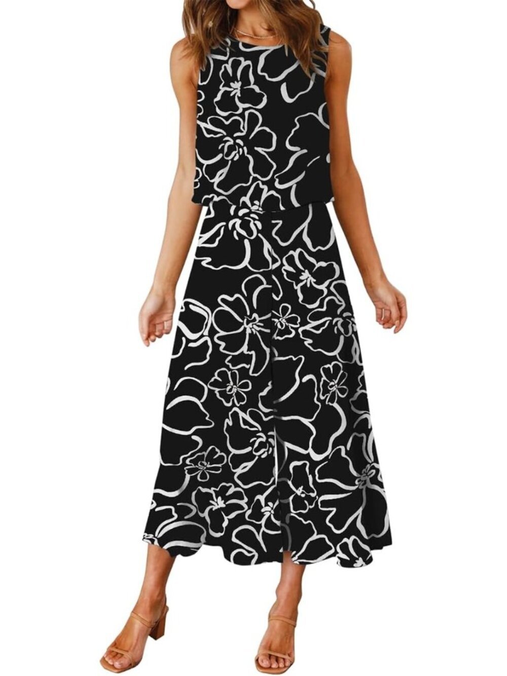 Women's Summer 2 Piece Black Round Neck Crop Top Cropped Wide Leg Jumpsuits